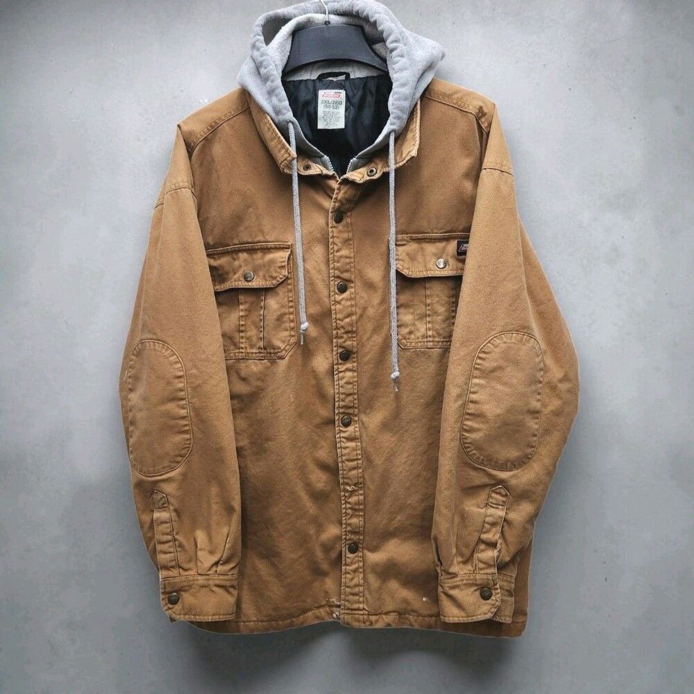 Dickies Hooded Work Jacket Mens 2XL Tan Gray Quilted Lining Workwear Casual